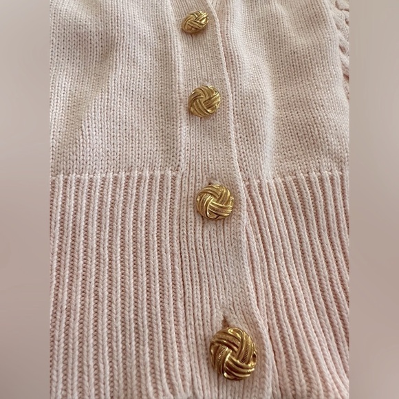 YARNWORKS Pink Knit Half Button Cotton Cardigan Sweater W/ Retro Gold Buttons L - Picture 2 of 7